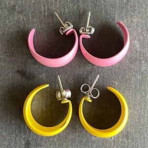 Retro Mod Pink and Yellow Painted Metal Hoop Earrings